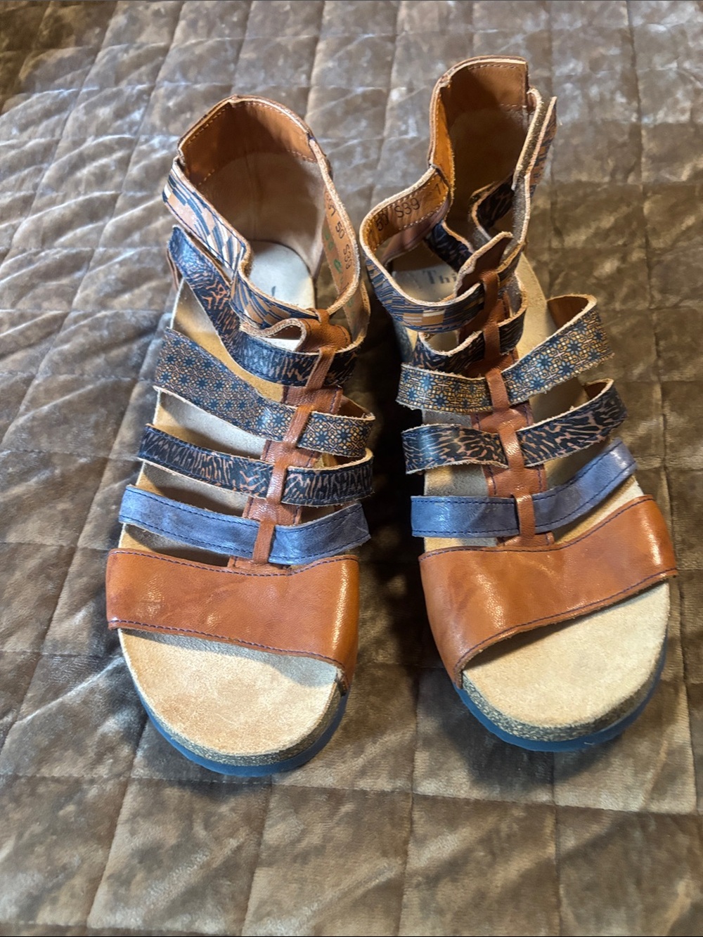 Think! Women's Strappy Leather Sandals in Brown and Blue
